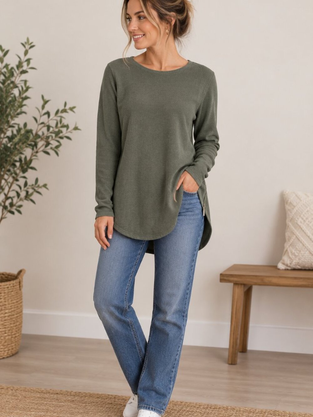 NEW MICHAEL KORS Olive Green Long Sleeve Top Hi-lo Hem Size Gold Zipper Size S